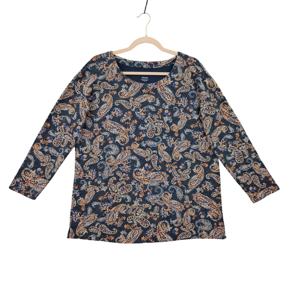 J.Jill Womens Boho Coastal Paisley Supima Cotton Tunic M Navy Blue Scoop Neck